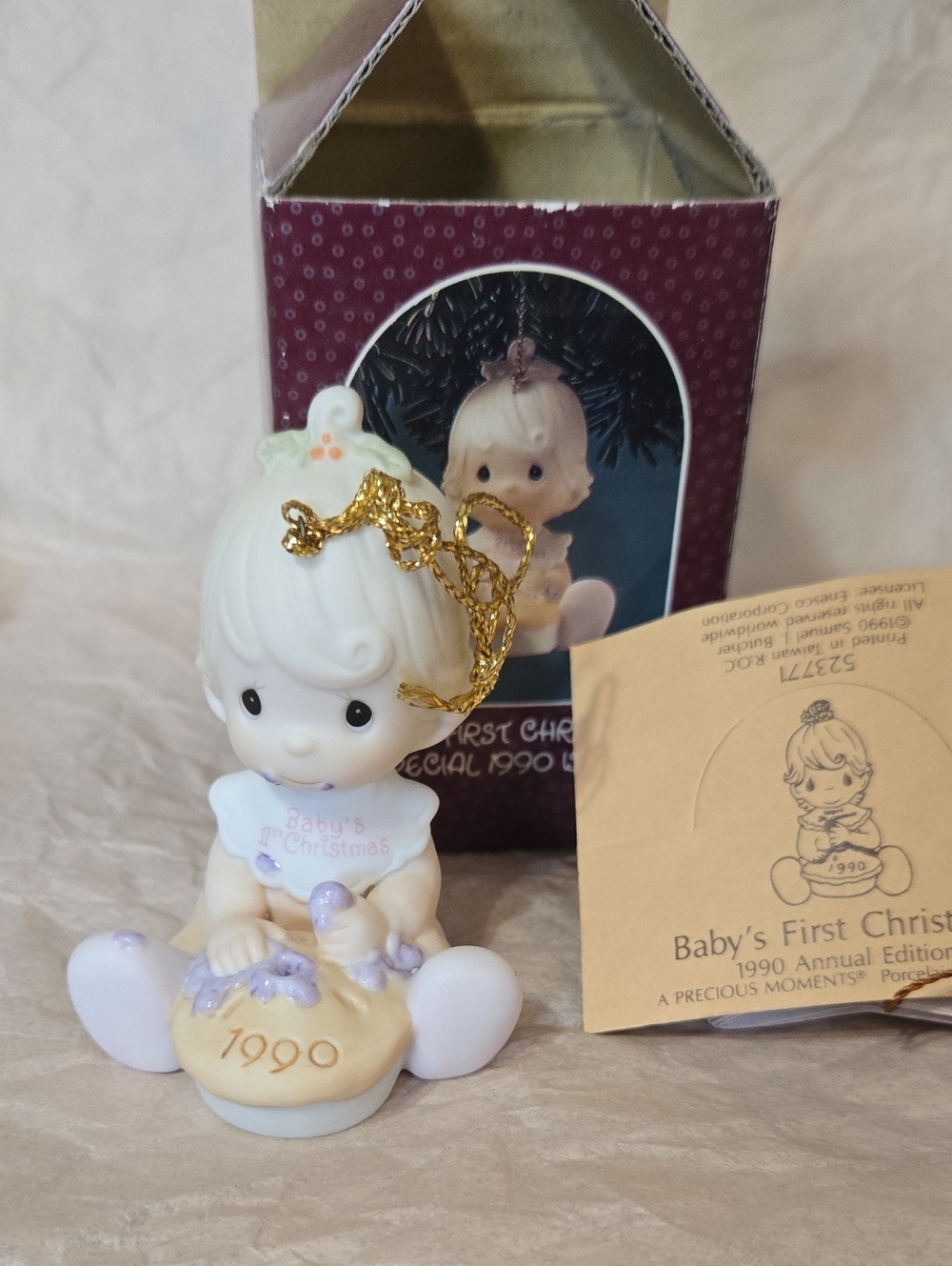 Precious Moments Baby's First Christmas 1990 Ornament - White & Lavender